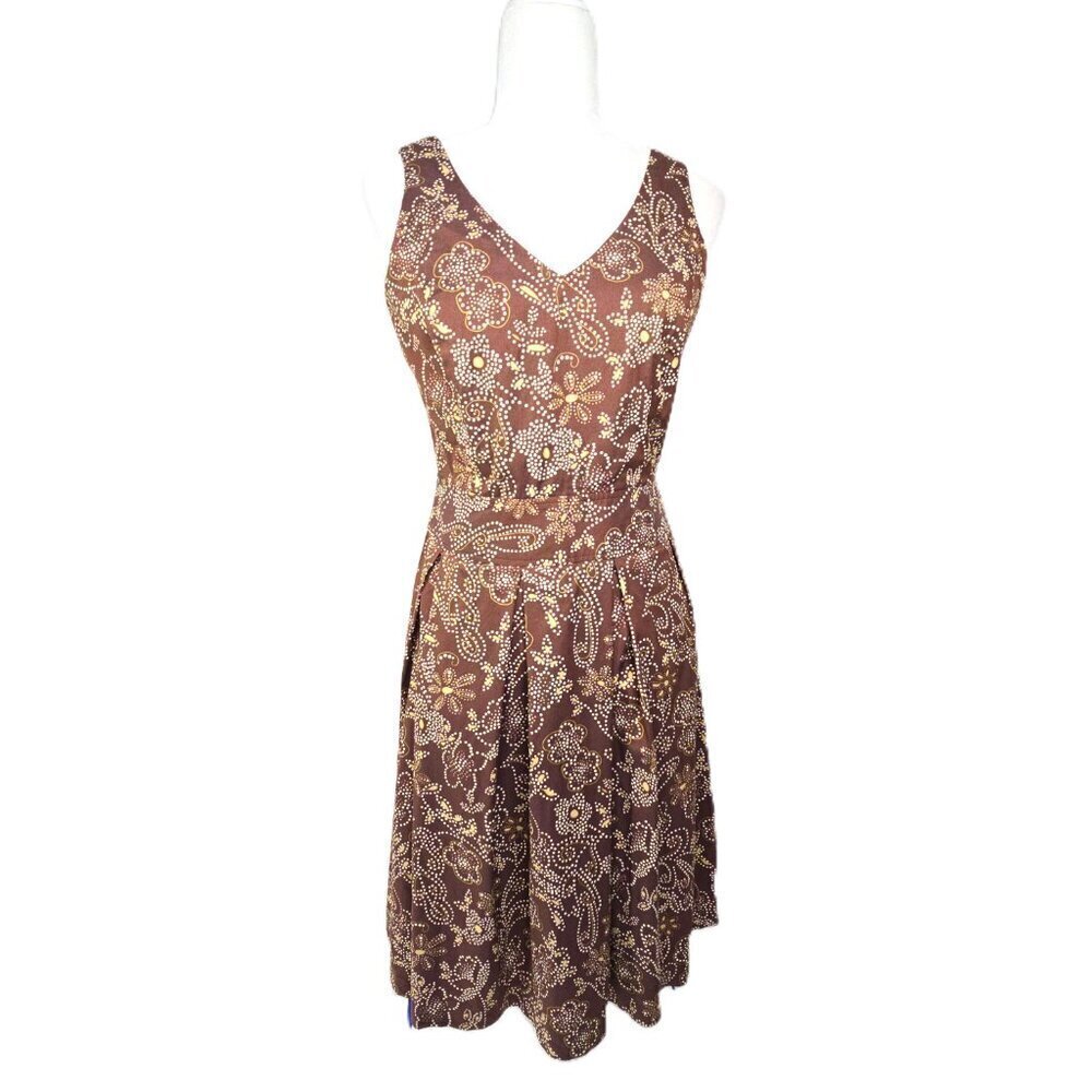 VTG Petite Sophisticate Brown Paisley Floral VNeck Sleeveless Fit Flare Dress